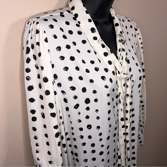 NEW Petite L Worthington White Black Polka Dot Blouse Bow Neckline 3/4 Sleeve - Picture 8 of 16